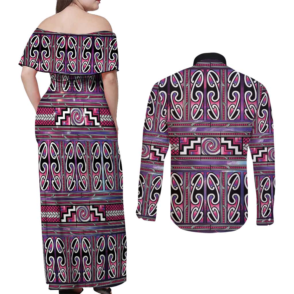 Maori Matariki Couples Matching Off Shoulder Maxi Dress and Long Sleeve Button Shirt Pink Galaxy Aesthetic Koru Art