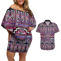 Maori Matariki Couples Matching Off Shoulder Short Dress and Hawaiian Shirt Pink Galaxy Aesthetic Koru Art
