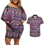 Maori Matariki Couples Matching Off Shoulder Short Dress and Hawaiian Shirt Pink Galaxy Aesthetic Koru Art