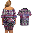 Maori Matariki Couples Matching Off Shoulder Short Dress and Hawaiian Shirt Pink Galaxy Aesthetic Koru Art