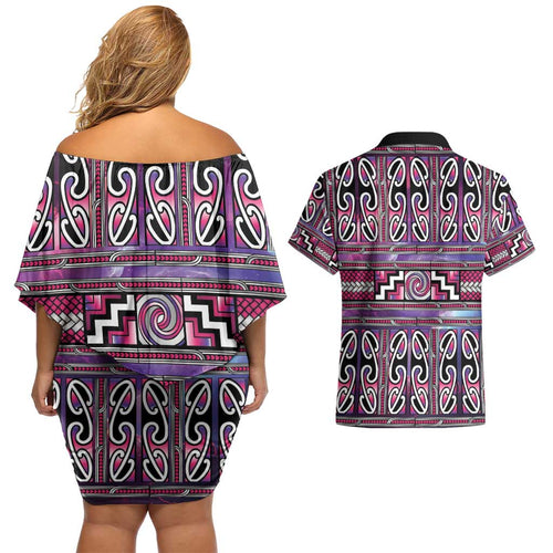 Maori Matariki Couples Matching Off Shoulder Short Dress and Hawaiian Shirt Pink Galaxy Aesthetic Koru Art