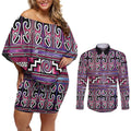 Maori Matariki Couples Matching Off Shoulder Short Dress and Long Sleeve Button Shirt Pink Galaxy Aesthetic Koru Art