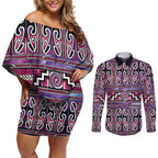 Maori Matariki Couples Matching Off Shoulder Short Dress and Long Sleeve Button Shirt Pink Galaxy Aesthetic Koru Art