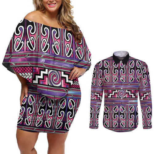 Maori Matariki Couples Matching Off Shoulder Short Dress and Long Sleeve Button Shirt Pink Galaxy Aesthetic Koru Art