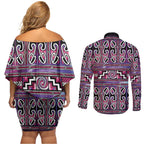 Maori Matariki Couples Matching Off Shoulder Short Dress and Long Sleeve Button Shirt Pink Galaxy Aesthetic Koru Art