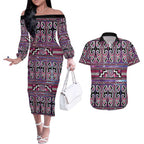 Maori Matariki Couples Matching Off The Shoulder Long Sleeve Dress and Hawaiian Shirt Pink Galaxy Aesthetic Koru Art