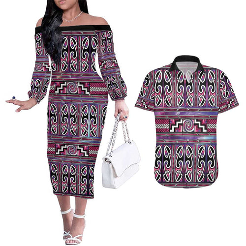 Maori Matariki Couples Matching Off The Shoulder Long Sleeve Dress and Hawaiian Shirt Pink Galaxy Aesthetic Koru Art
