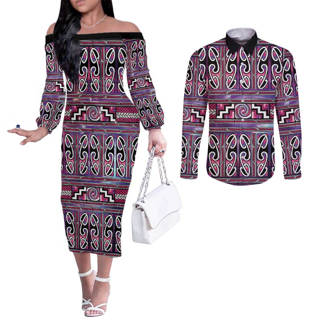 Maori Matariki Couples Matching Off The Shoulder Long Sleeve Dress and Long Sleeve Button Shirt Pink Galaxy Aesthetic Koru Art