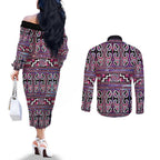 Maori Matariki Couples Matching Off The Shoulder Long Sleeve Dress and Long Sleeve Button Shirt Pink Galaxy Aesthetic Koru Art