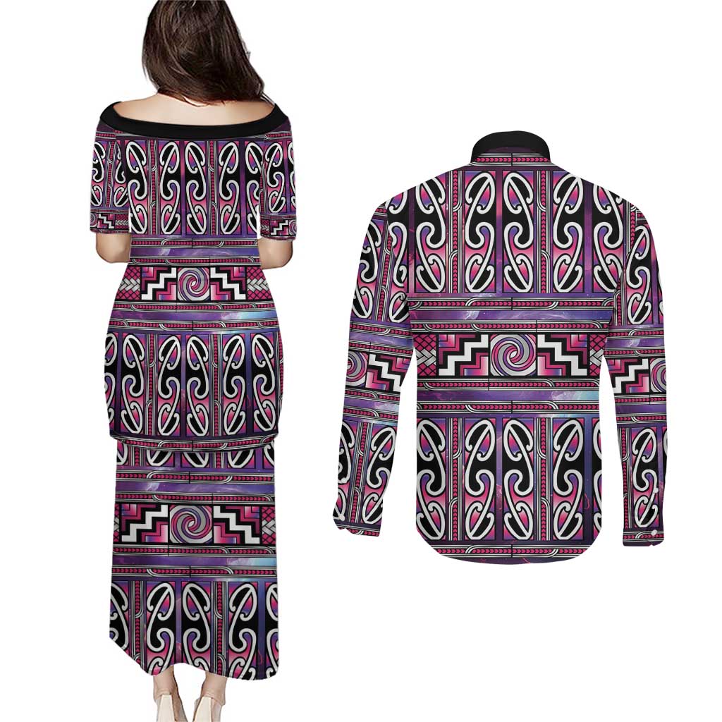 Maori Matariki Couples Matching Puletasi and Long Sleeve Button Shirt Pink Galaxy Aesthetic Koru Art