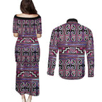 Maori Matariki Couples Matching Puletasi and Long Sleeve Button Shirt Pink Galaxy Aesthetic Koru Art