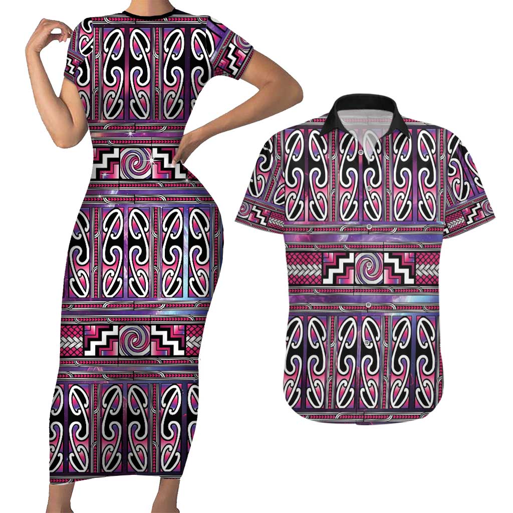 Maori Matariki Couples Matching Short Sleeve Bodycon Dress and Hawaiian Shirt Pink Galaxy Aesthetic Koru Art