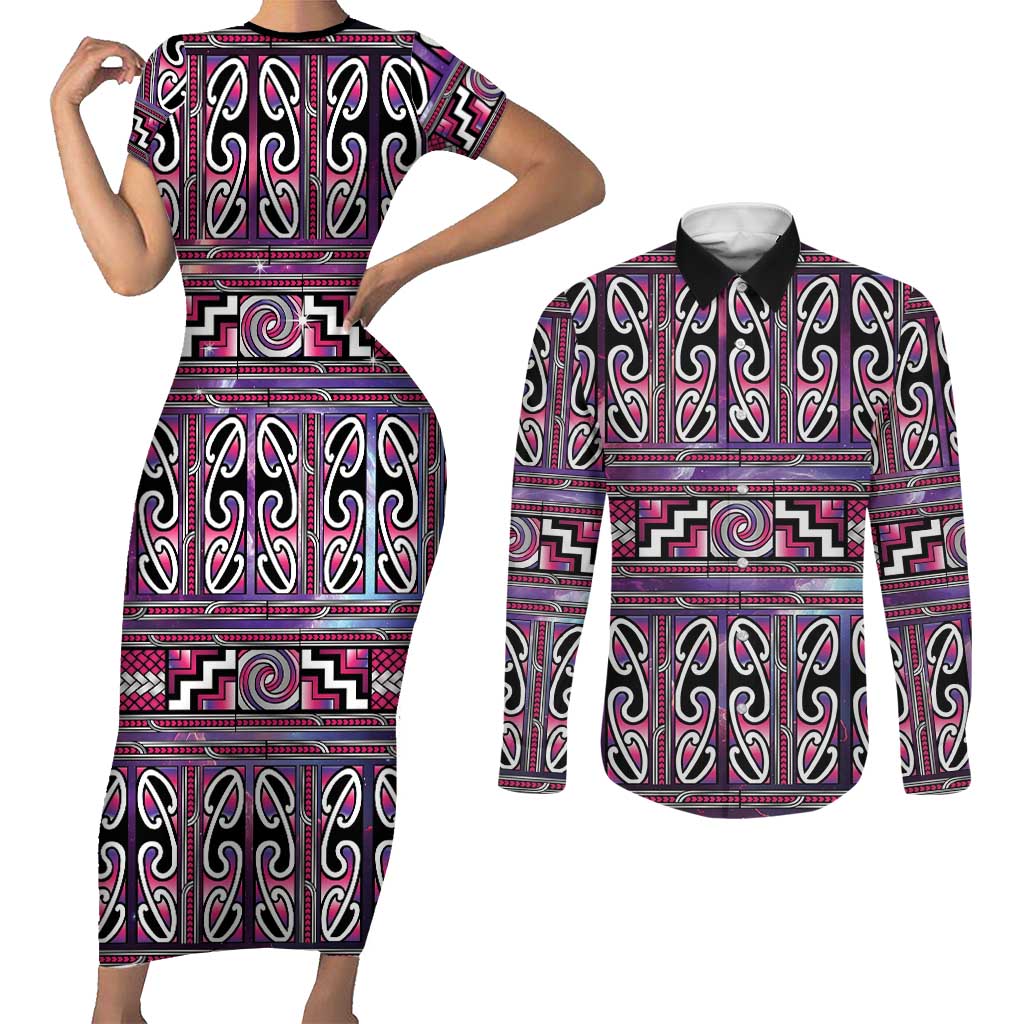 Maori Matariki Couples Matching Short Sleeve Bodycon Dress and Long Sleeve Button Shirt Pink Galaxy Aesthetic Koru Art
