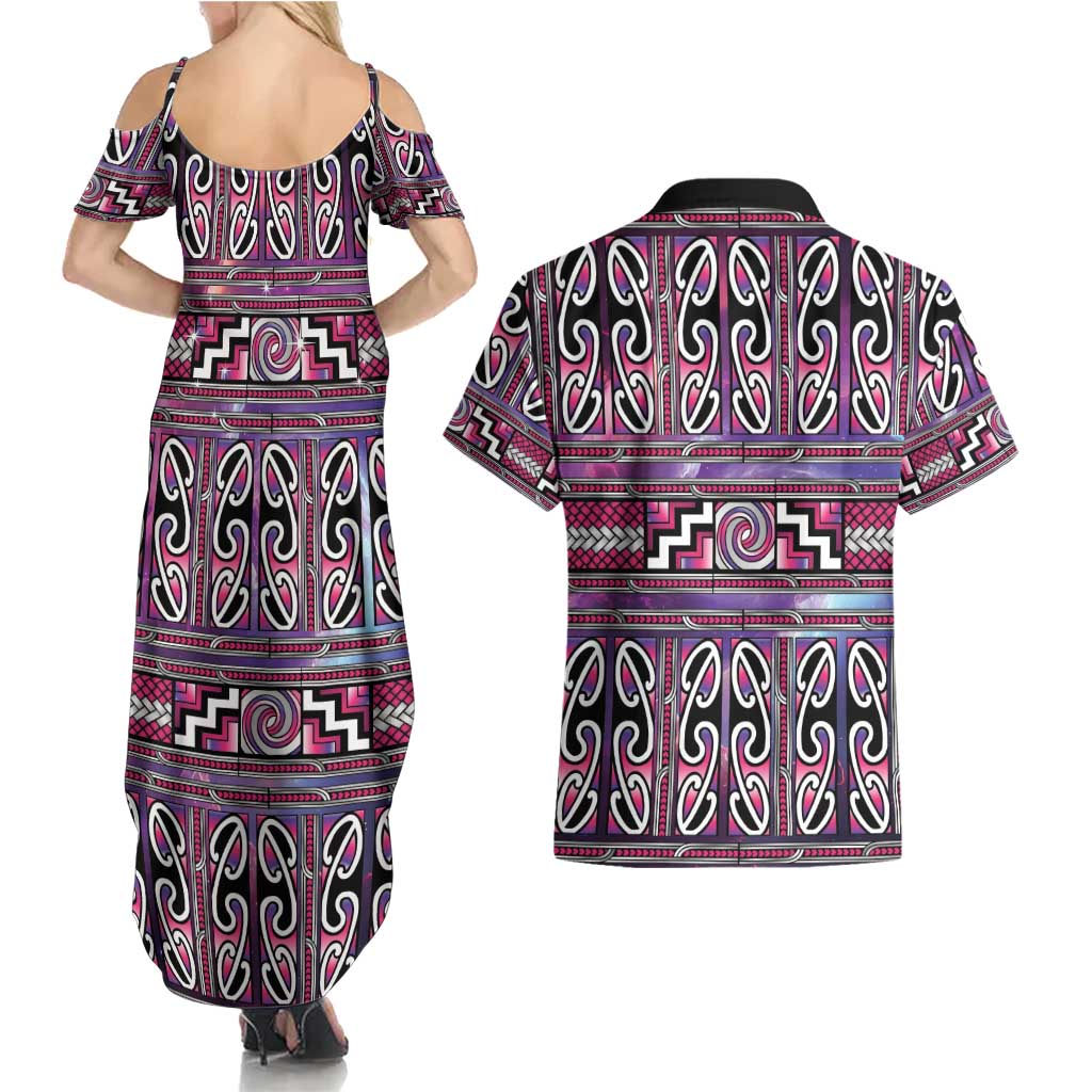 Maori Matariki Couples Matching Summer Maxi Dress and Hawaiian Shirt Pink Galaxy Aesthetic Koru Art