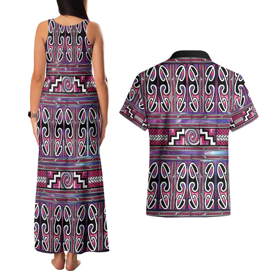Maori Matariki Couples Matching Tank Maxi Dress and Hawaiian Shirt Pink Galaxy Aesthetic Koru Art