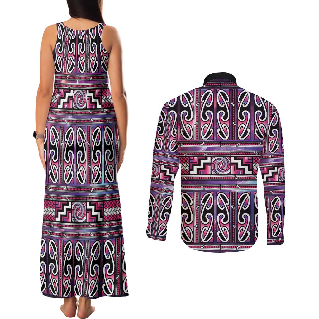 Maori Matariki Couples Matching Tank Maxi Dress and Long Sleeve Button Shirt Pink Galaxy Aesthetic Koru Art