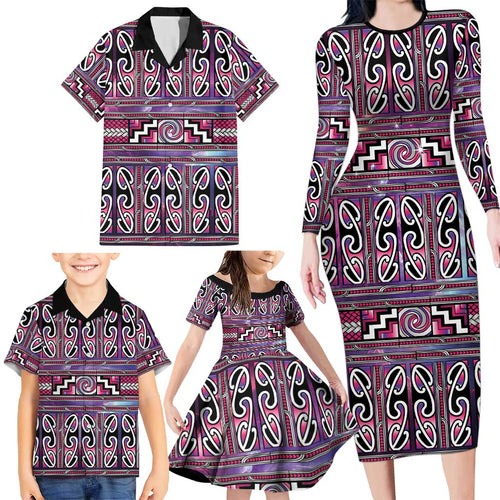 Maori Matariki Family Matching Long Sleeve Bodycon Dress and Hawaiian Shirt Pink Galaxy Aesthetic Koru Art