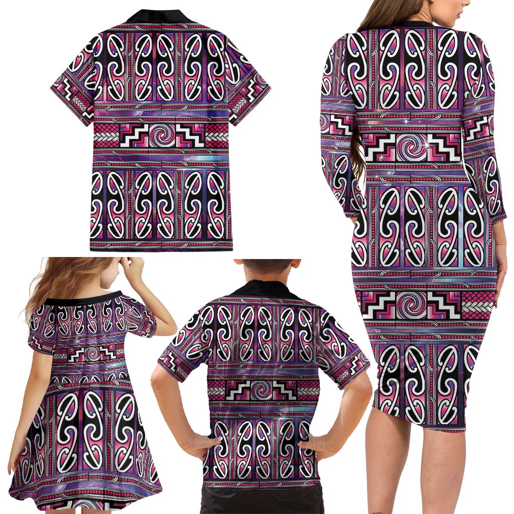 Maori Matariki Family Matching Long Sleeve Bodycon Dress and Hawaiian Shirt Pink Galaxy Aesthetic Koru Art