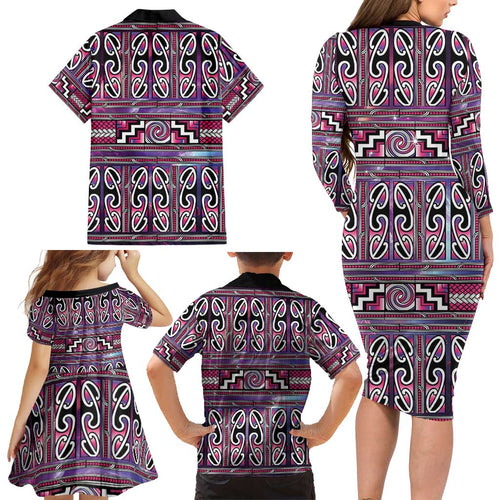Maori Matariki Family Matching Long Sleeve Bodycon Dress and Hawaiian Shirt Pink Galaxy Aesthetic Koru Art