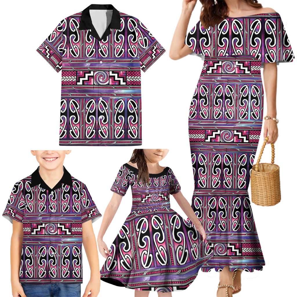 Maori Matariki Family Matching Mermaid Dress and Hawaiian Shirt Pink Galaxy Aesthetic Koru Art