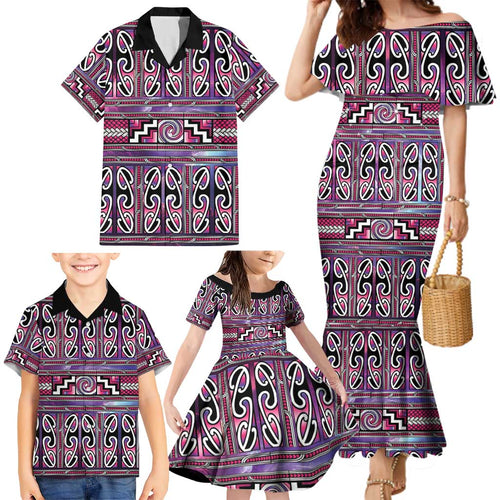 Maori Matariki Family Matching Mermaid Dress and Hawaiian Shirt Pink Galaxy Aesthetic Koru Art
