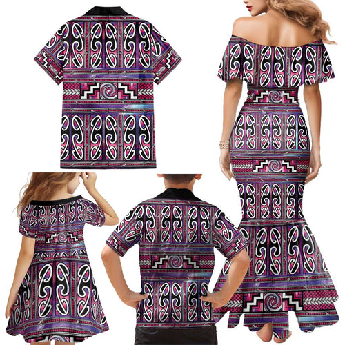 Maori Matariki Family Matching Mermaid Dress and Hawaiian Shirt Pink Galaxy Aesthetic Koru Art