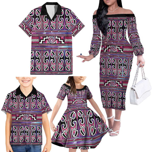 Maori Matariki Family Matching Off The Shoulder Long Sleeve Dress and Hawaiian Shirt Pink Galaxy Aesthetic Koru Art