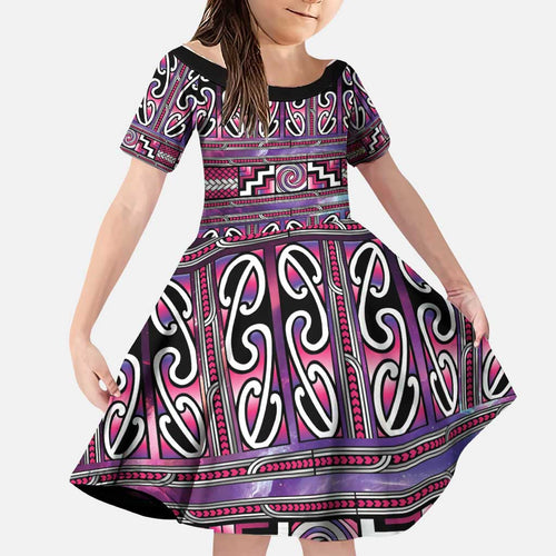 Maori Matariki Family Matching Off The Shoulder Long Sleeve Dress and Hawaiian Shirt Pink Galaxy Aesthetic Koru Art