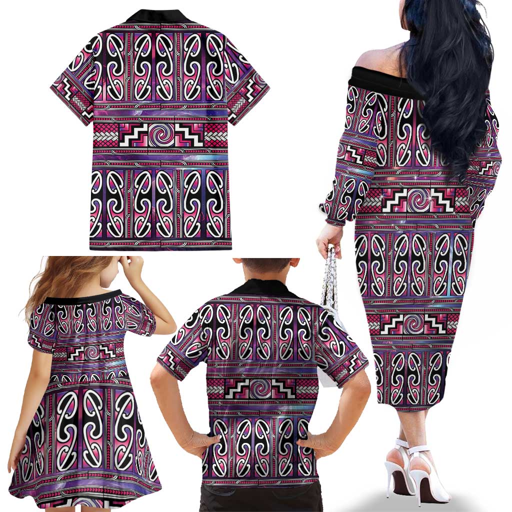 Maori Matariki Family Matching Off The Shoulder Long Sleeve Dress and Hawaiian Shirt Pink Galaxy Aesthetic Koru Art