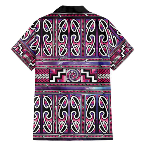 Maori Matariki Family Matching Off The Shoulder Long Sleeve Dress and Hawaiian Shirt Pink Galaxy Aesthetic Koru Art