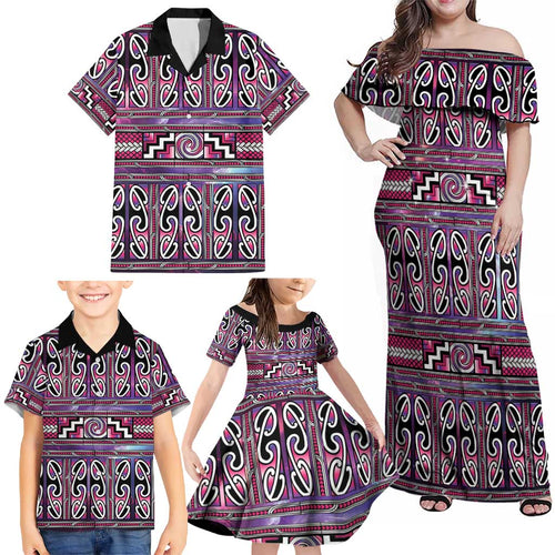 Maori Matariki Family Matching Off Shoulder Maxi Dress and Hawaiian Shirt Pink Galaxy Aesthetic Koru Art