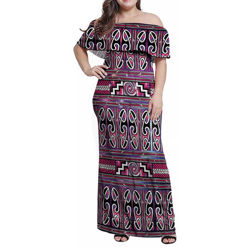 Maori Matariki Family Matching Off Shoulder Maxi Dress and Hawaiian Shirt Pink Galaxy Aesthetic Koru Art