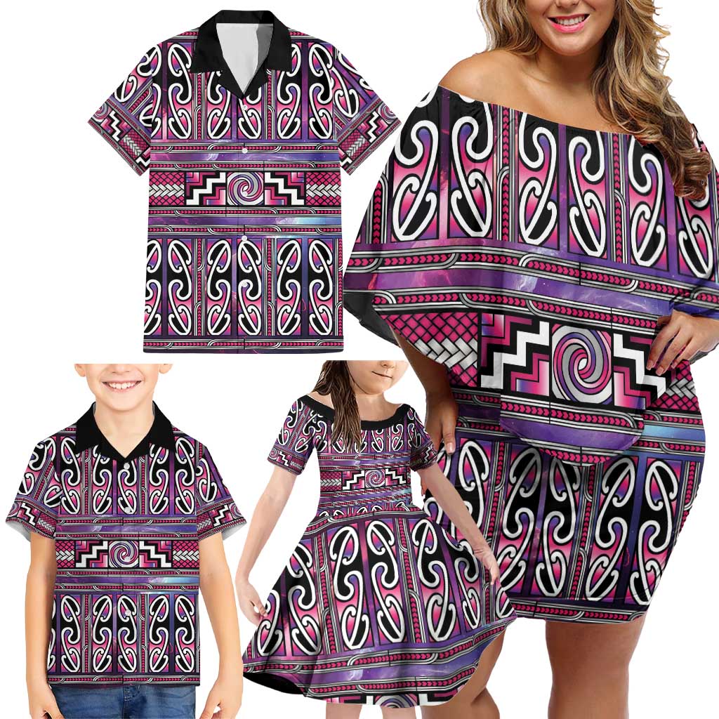 Maori Matariki Family Matching Off Shoulder Short Dress and Hawaiian Shirt Pink Galaxy Aesthetic Koru Art
