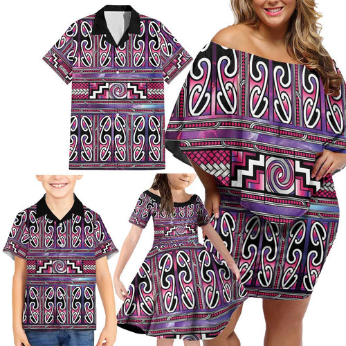 Maori Matariki Family Matching Off Shoulder Short Dress and Hawaiian Shirt Pink Galaxy Aesthetic Koru Art