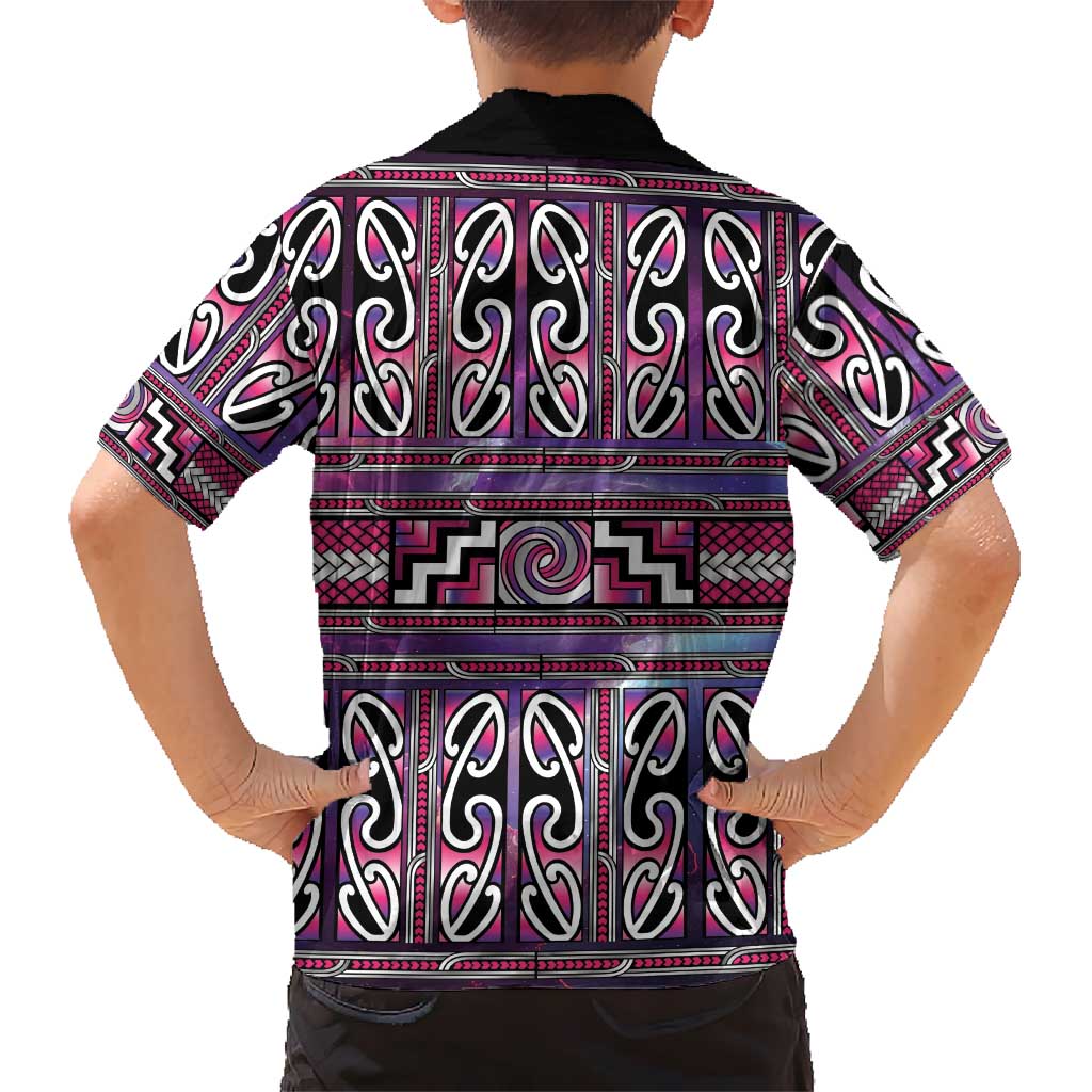 Maori Matariki Family Matching Off Shoulder Short Dress and Hawaiian Shirt Pink Galaxy Aesthetic Koru Art