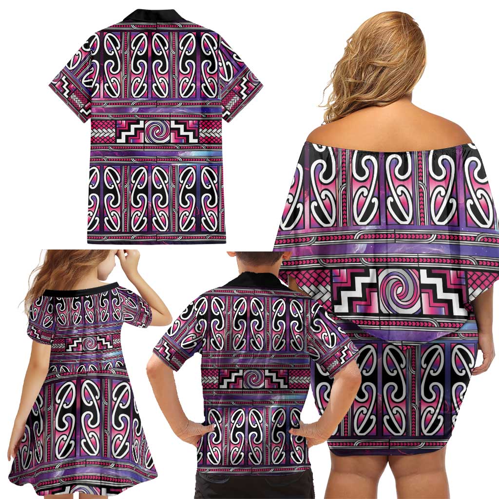 Maori Matariki Family Matching Off Shoulder Short Dress and Hawaiian Shirt Pink Galaxy Aesthetic Koru Art