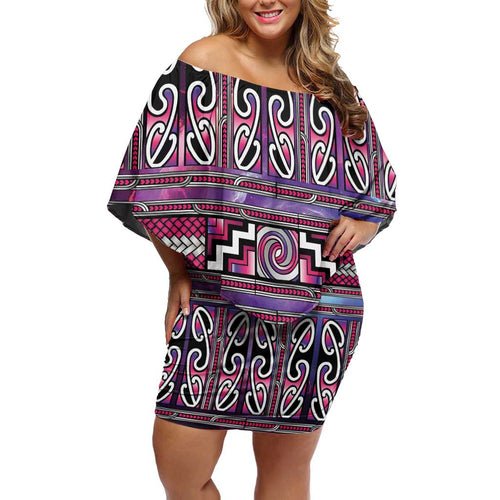 Maori Matariki Family Matching Off Shoulder Short Dress and Hawaiian Shirt Pink Galaxy Aesthetic Koru Art
