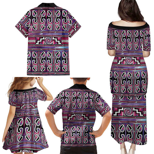 Maori Matariki Family Matching Puletasi and Hawaiian Shirt Pink Galaxy Aesthetic Koru Art