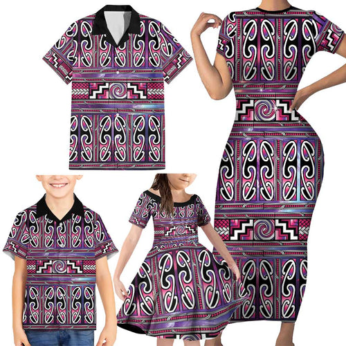 Maori Matariki Family Matching Short Sleeve Bodycon Dress and Hawaiian Shirt Pink Galaxy Aesthetic Koru Art