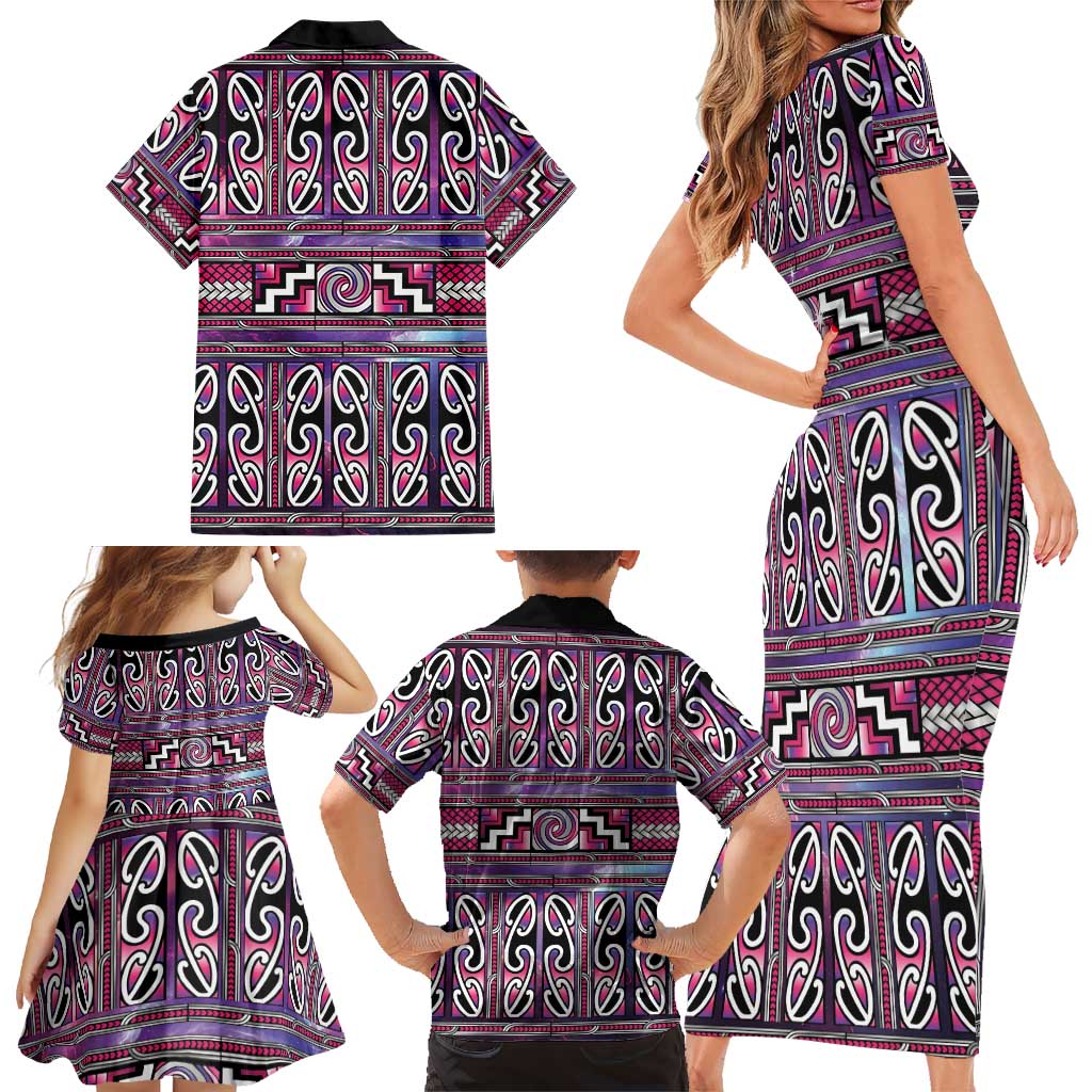 Maori Matariki Family Matching Short Sleeve Bodycon Dress and Hawaiian Shirt Pink Galaxy Aesthetic Koru Art