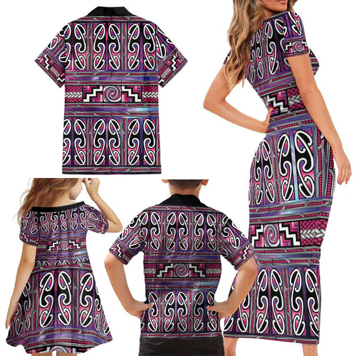 Maori Matariki Family Matching Short Sleeve Bodycon Dress and Hawaiian Shirt Pink Galaxy Aesthetic Koru Art