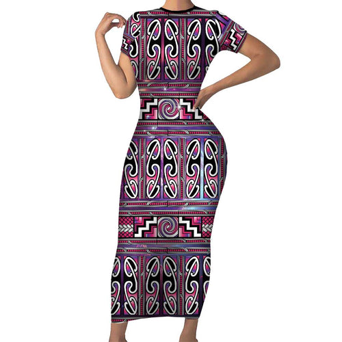 Maori Matariki Family Matching Short Sleeve Bodycon Dress and Hawaiian Shirt Pink Galaxy Aesthetic Koru Art