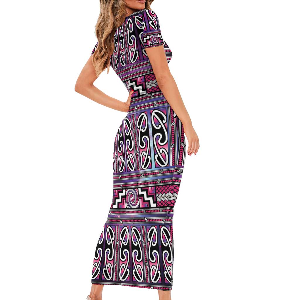 Maori Matariki Family Matching Short Sleeve Bodycon Dress and Hawaiian Shirt Pink Galaxy Aesthetic Koru Art
