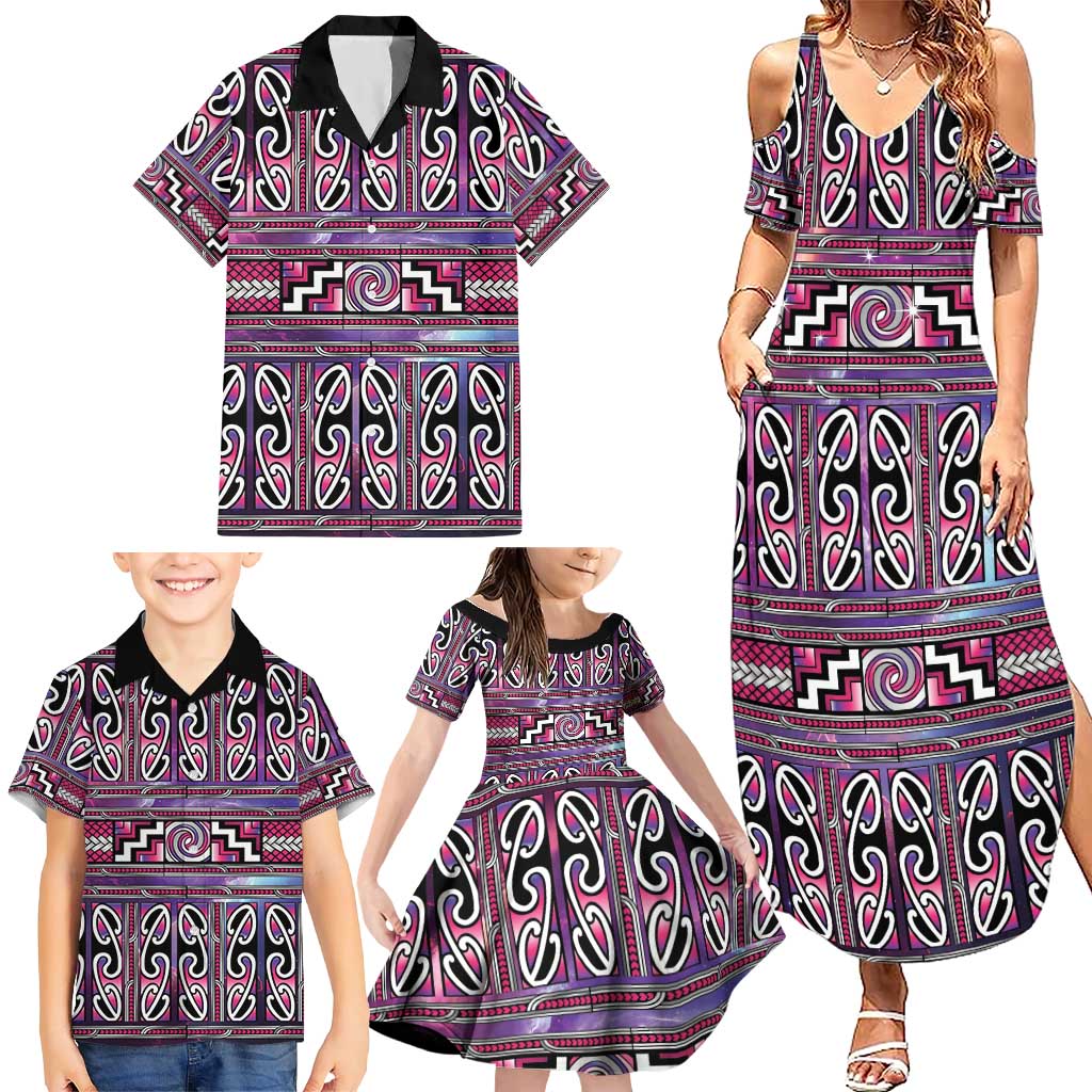 Maori Matariki Family Matching Summer Maxi Dress and Hawaiian Shirt Pink Galaxy Aesthetic Koru Art