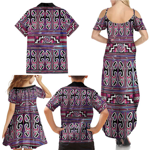 Maori Matariki Family Matching Summer Maxi Dress and Hawaiian Shirt Pink Galaxy Aesthetic Koru Art