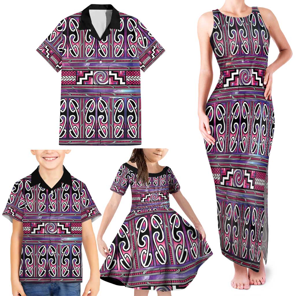 Maori Matariki Family Matching Tank Maxi Dress and Hawaiian Shirt Pink Galaxy Aesthetic Koru Art