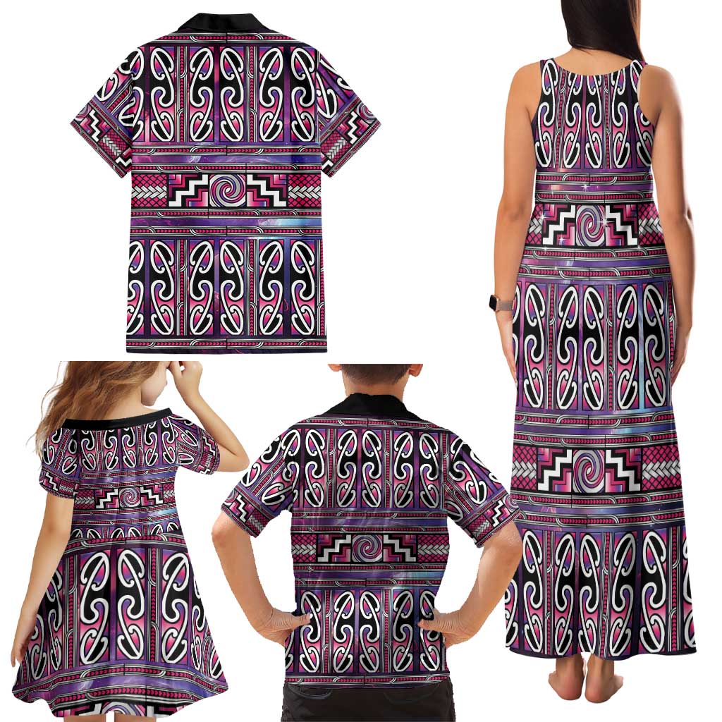 Maori Matariki Family Matching Tank Maxi Dress and Hawaiian Shirt Pink Galaxy Aesthetic Koru Art