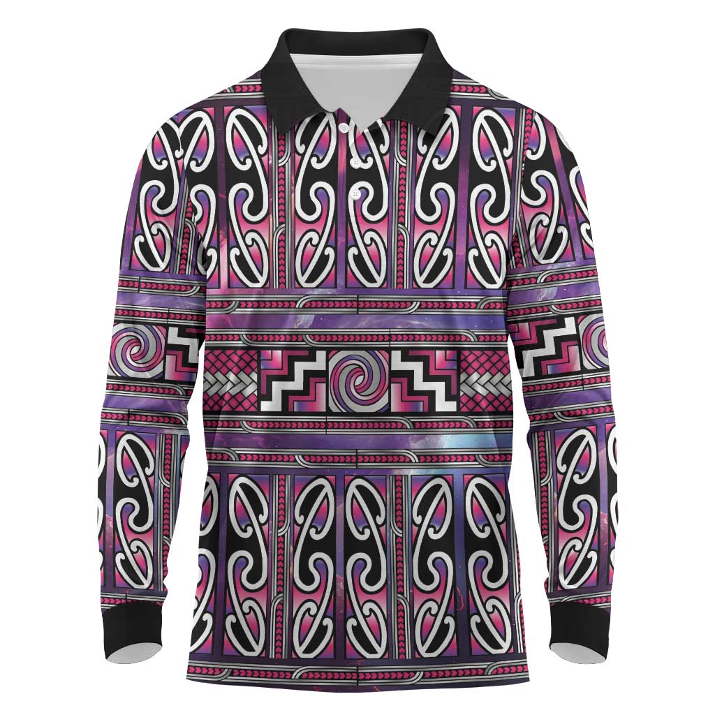 Maori Matariki Long Sleeve Polo Shirt Pink Galaxy Aesthetic Koru Art
