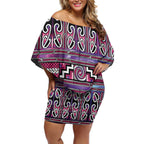 Maori Matariki Off Shoulder Short Dress Pink Galaxy Aesthetic Koru Art
