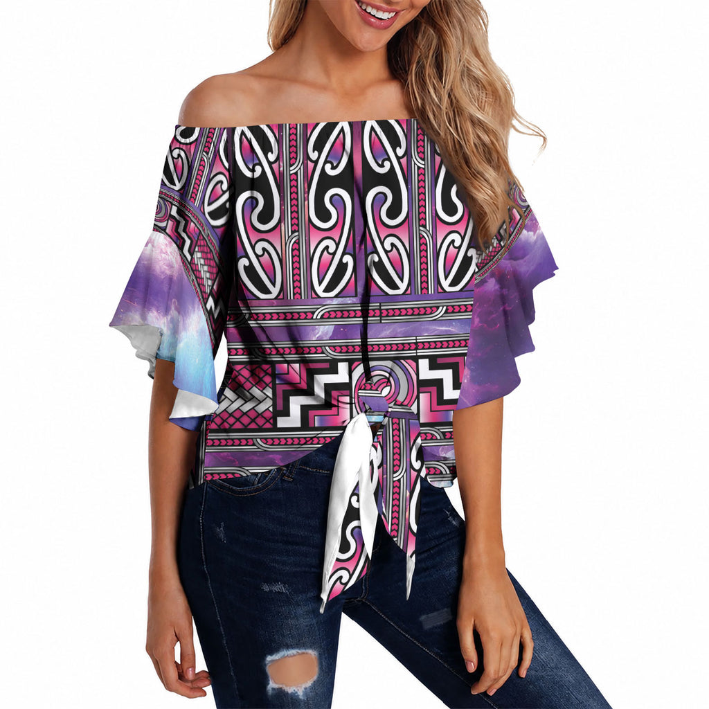 Maori Matariki Off Shoulder Wrap Waist Top Pink Galaxy Aesthetic Koru Art
